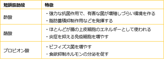 代表的な短鎖脂肪酸と特徴