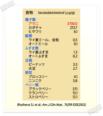 様々な食物中のリグナン含量の比較