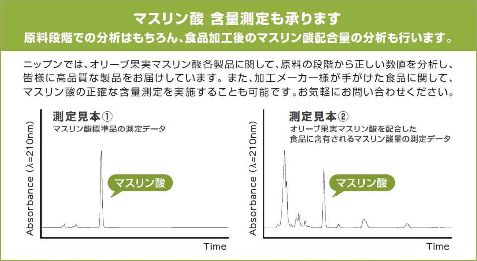 マスリン酸 含量測定も承ります 原料段階での分析はもちろん、食品加工後のマスリン酸配合量の分析も行います。