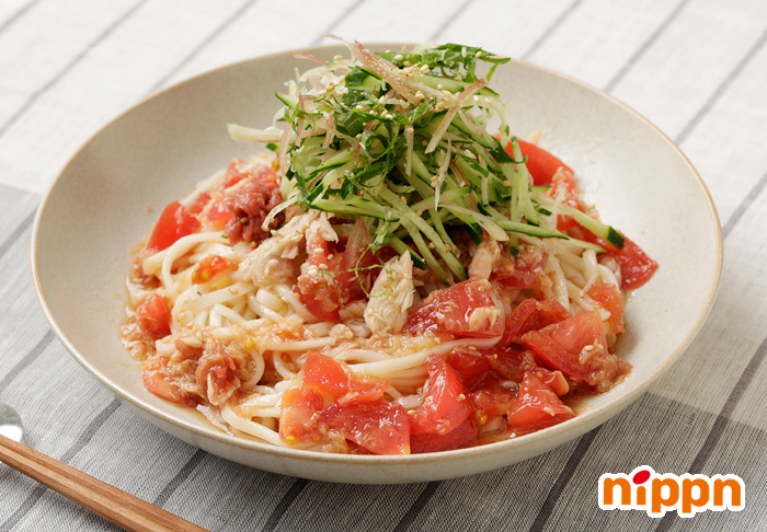 ツナ梅トマトの冷製早ゆでさぬきうどん