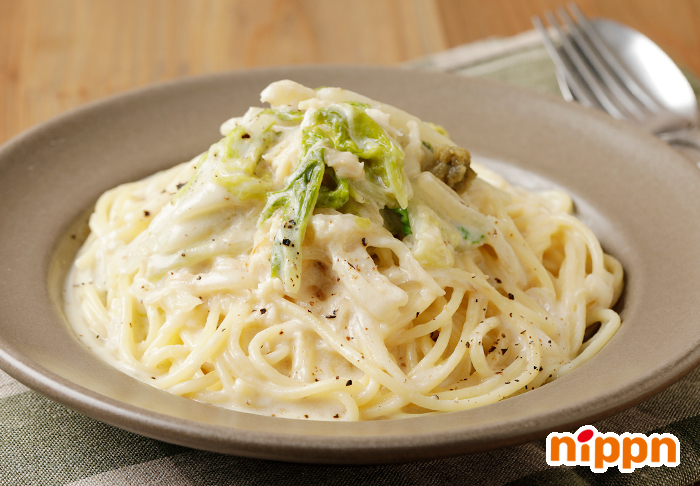 白菜とホタテ缶のクリームスパゲッティ
