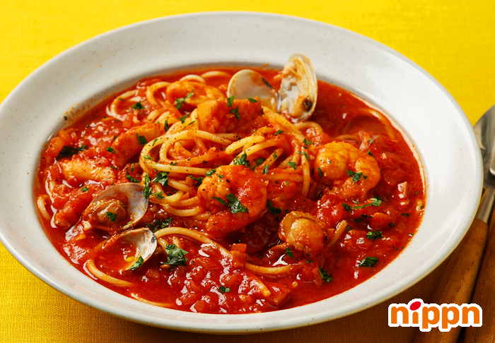 もちっとおいしいスパゲッティのペスカトーレ風スープパスタ